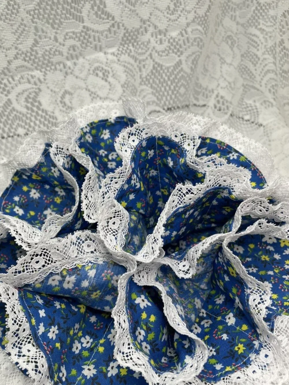 Vintage Print Fabric Egg Basket:  Handmade Country Farmhouse Decor Laced Cotton